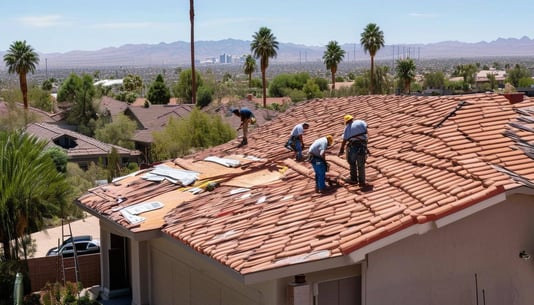 An image of a homeowners tile roof being replaced in Phoenix, Arizona with workers on the roof and a city permit visible in the foreground